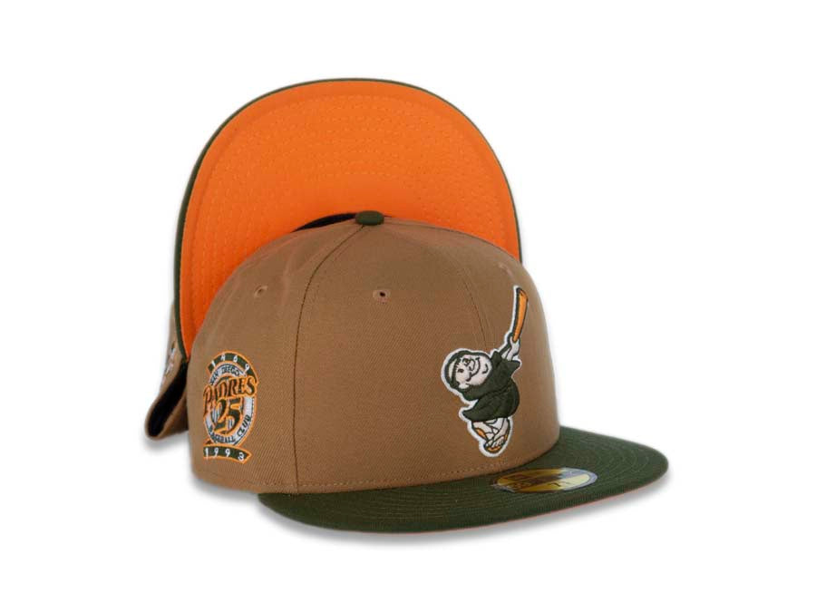 San Diego Padres New Era MLB 59FIFTY 5950 Fitted Cap Hat Wheat Crown Green Visor Green/Orange Swinging Friar Logo 25th Anniversary Side Patch
