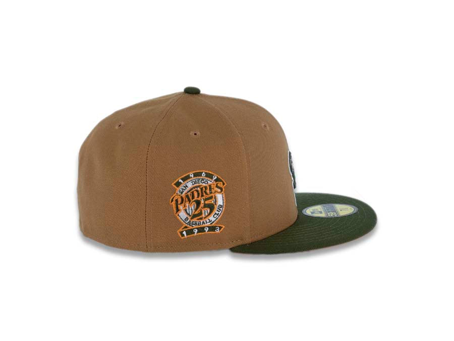 San Diego Padres New Era MLB 59FIFTY 5950 Fitted Cap Hat Wheat Crown Green Visor Green/Orange Swinging Friar Logo 25th Anniversary Side Patch