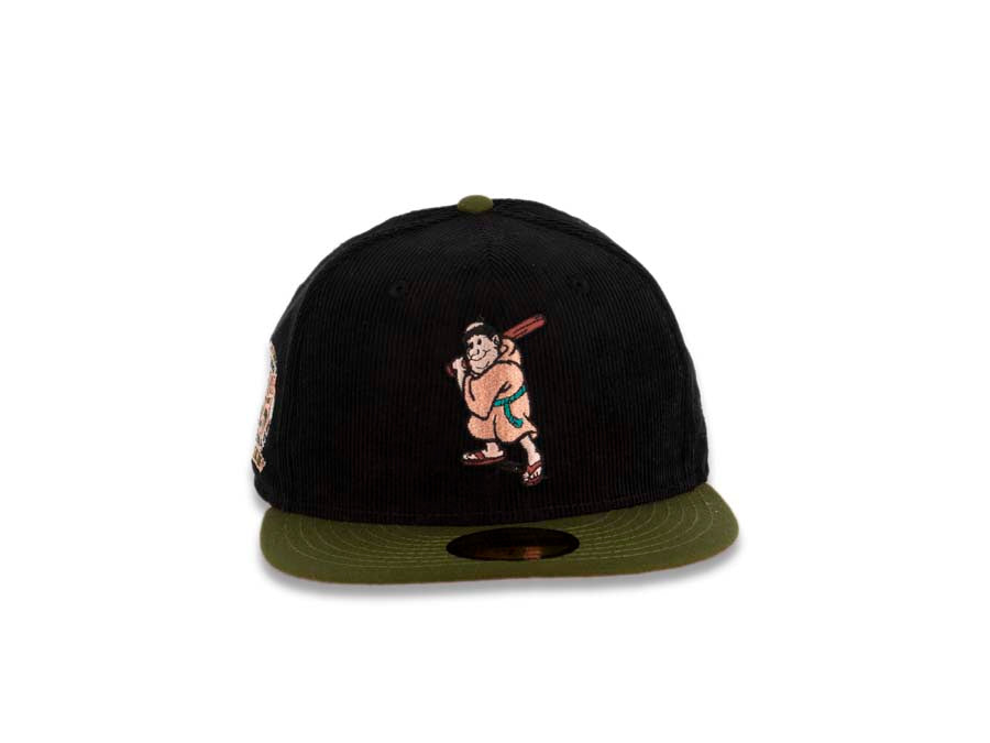(Corduroy Crown) San Diego Padres New Era MLB 59FIFTY 5950 Fitted Cap Hat Black Crown Green Visor Batting Friar Logo 25th Anniversary Side Patch Peach