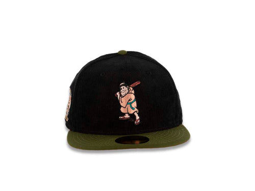 (Corduroy Crown) San Diego Padres New Era MLB 59FIFTY 5950 Fitted Cap Hat Black Crown Green Visor Batting Friar Logo 25th Anniversary Side Patch Peach