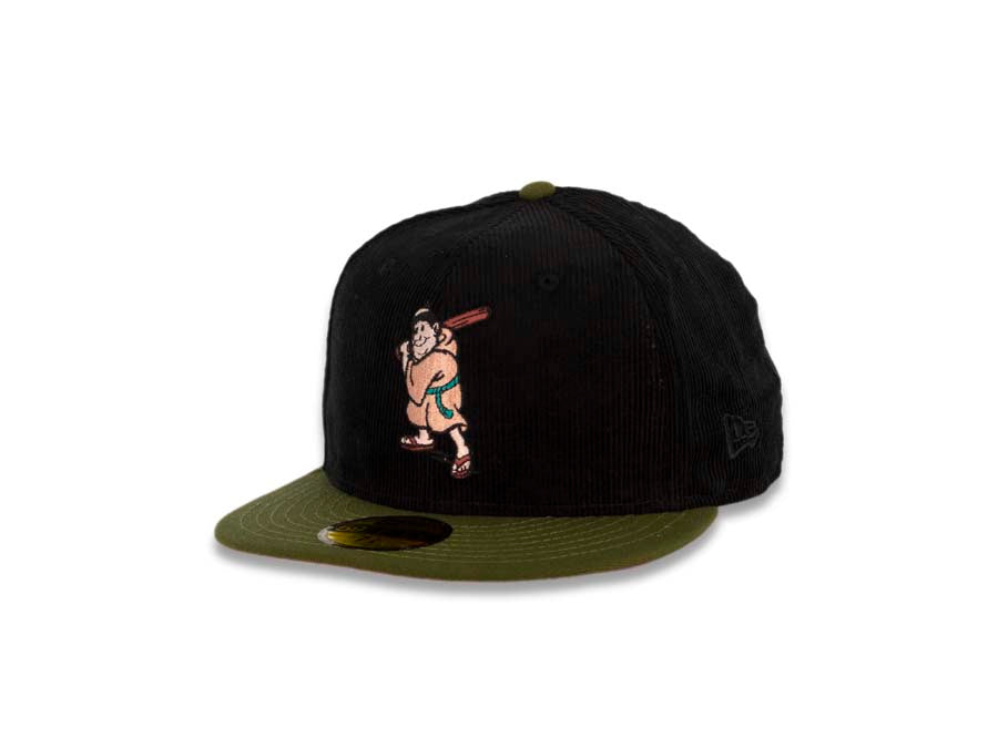 (Corduroy Crown) San Diego Padres New Era MLB 59FIFTY 5950 Fitted Cap Hat Black Crown Green Visor Batting Friar Logo 25th Anniversary Side Patch Peach