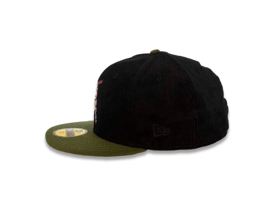 (Corduroy Crown) San Diego Padres New Era MLB 59FIFTY 5950 Fitted Cap Hat Black Crown Green Visor Batting Friar Logo 25th Anniversary Side Patch Peach
