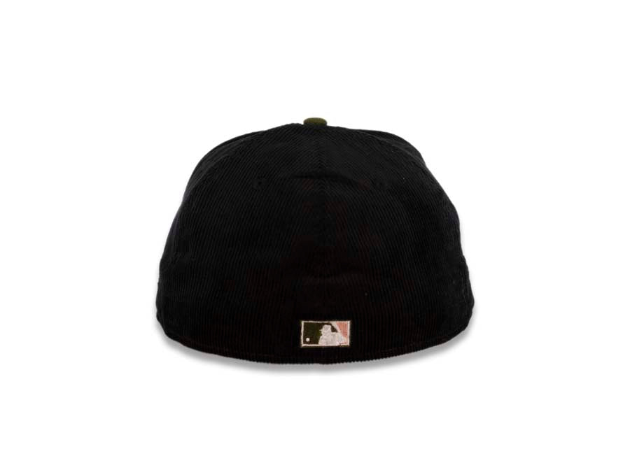 (Corduroy Crown) San Diego Padres New Era MLB 59FIFTY 5950 Fitted Cap Hat Black Crown Green Visor Batting Friar Logo 25th Anniversary Side Patch Peach