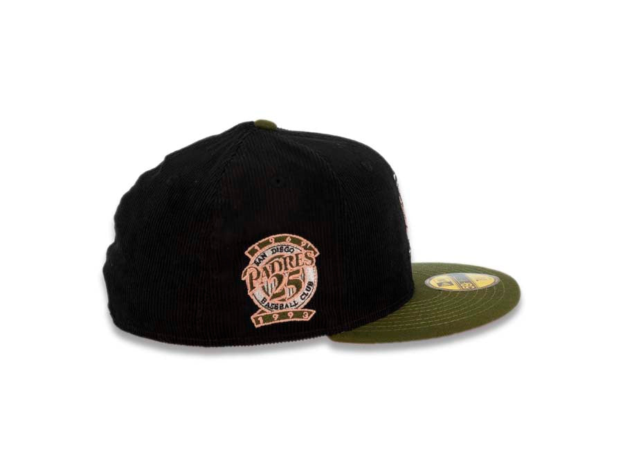 (Corduroy Crown) San Diego Padres New Era MLB 59FIFTY 5950 Fitted Cap Hat Black Crown Green Visor Batting Friar Logo 25th Anniversary Side Patch Peach