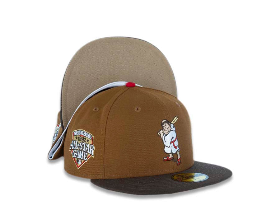 San Diego Padres New Era MLB 59FIFTY 5950 Fitted Cap Hat Dark Tan Crown Brown Visor Cream/Red Batting Friar Logo 1992 All-Star Game Side Patch