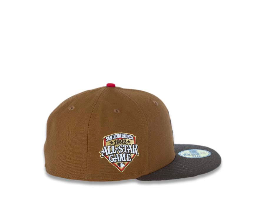 San Diego Padres New Era MLB 59FIFTY 5950 Fitted Cap Hat Dark Tan Crown Brown Visor Cream/Red Batting Friar Logo 1992 All-Star Game Side Patch