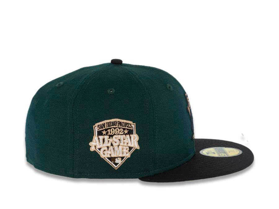 San Diego Padres New Era MLB 59FIFTY 5950 Fitted Cap Hat Dark Green Crown Black Visor Black/Brown Batting Friar Logo 1992 All-Star Game Side Patch
