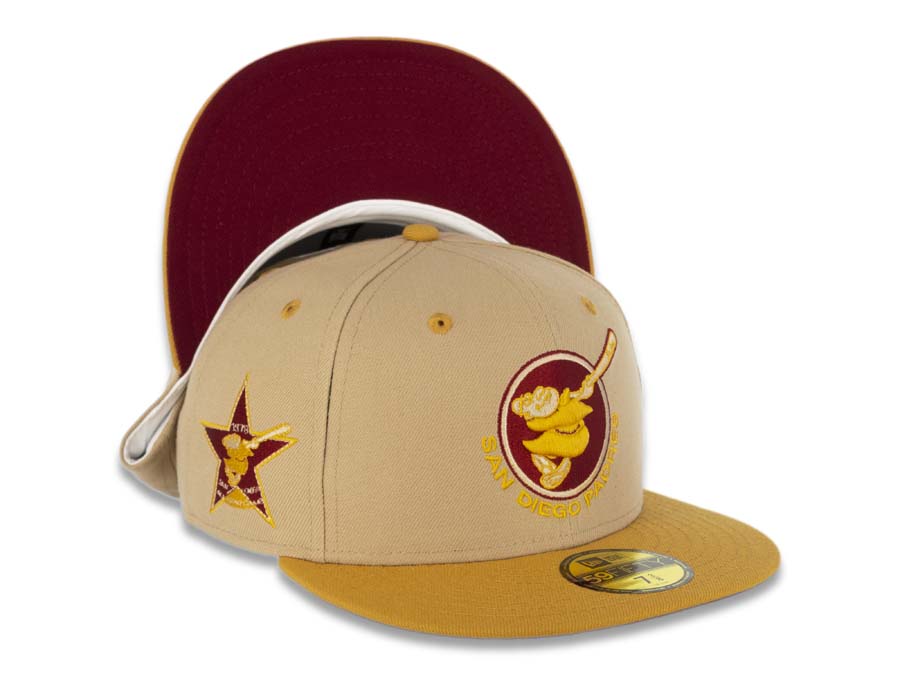San Diego Padres New Era MLB 59FIFTY 5950 Fitted Cap Hat Camel Crown Panama Tan Visor Tan/Cardinal Swinging Friar Logo 1978 All-Star Game Side Patch
