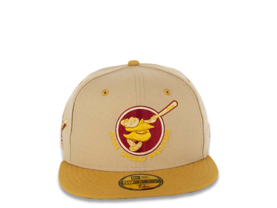 San Diego Padres New Era MLB 59FIFTY 5950 Fitted Cap Hat Camel Crown Panama Tan Visor Tan/Cardinal Swinging Friar Logo 1978 All-Star Game Side Patch