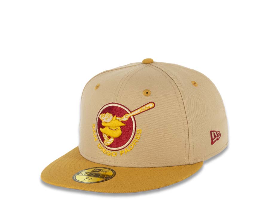San Diego Padres New Era MLB 59FIFTY 5950 Fitted Cap Hat Camel Crown Panama Tan Visor Tan/Cardinal Swinging Friar Logo 1978 All-Star Game Side Patch