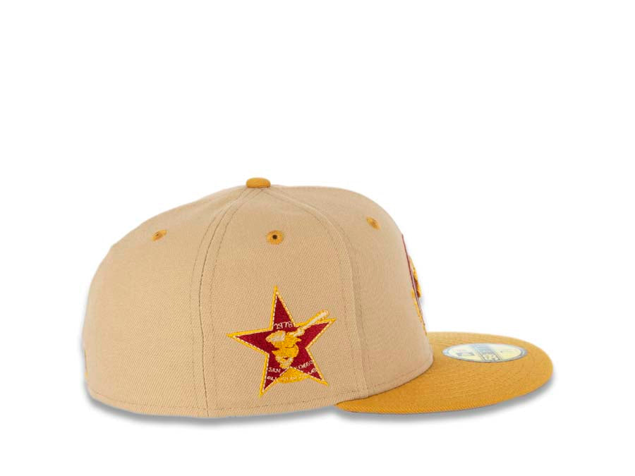 San Diego Padres New Era MLB 59FIFTY 5950 Fitted Cap Hat Camel Crown Panama Tan Visor Tan/Cardinal Swinging Friar Logo 1978 All-Star Game Side Patch