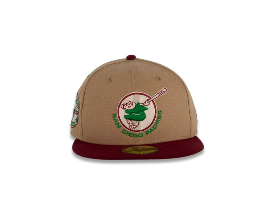 San Diego Padres New Era MLB 59FIFTY 5950 Fitted Cap Hat Khaki Crown Cardinal Visor Green/Ivory Swinging Friar Logo 1978 All-Star Game Side Patch