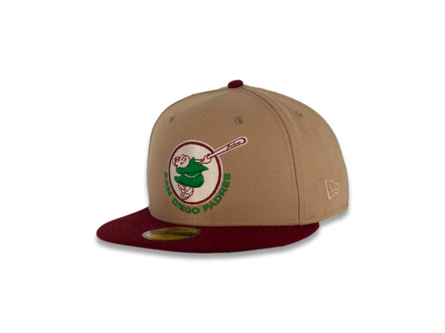 San Diego Padres New Era MLB 59FIFTY 5950 Fitted Cap Hat Khaki Crown Cardinal Visor Green/Ivory Swinging Friar Logo 1978 All-Star Game Side Patch