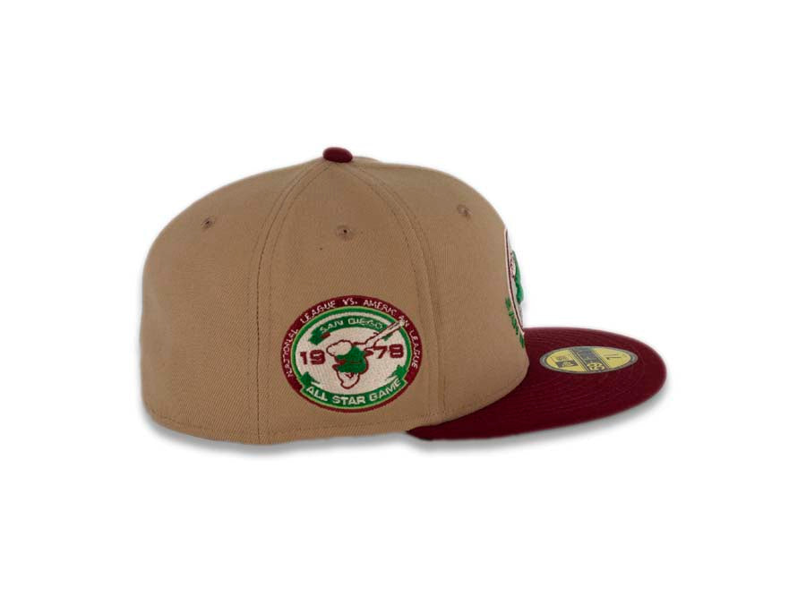 San Diego Padres New Era MLB 59FIFTY 5950 Fitted Cap Hat Khaki Crown Cardinal Visor Green/Ivory Swinging Friar Logo 1978 All-Star Game Side Patch