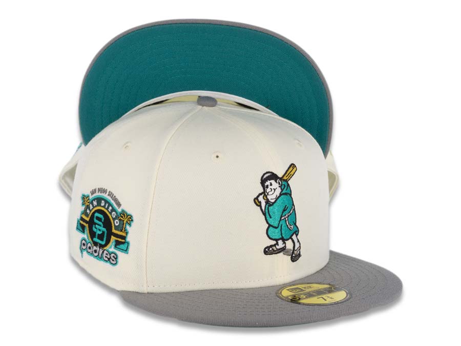 (Glow In The Dark) San Diego Padres New Era MLB 59FIFTY 5950 Fitted Cap Hat Cream Crown Gray Visor Teal Batting Friar Logo Stadium Side Patch