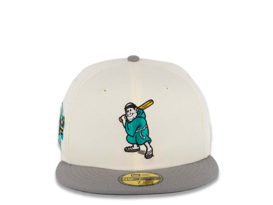 (Glow In The Dark) San Diego Padres New Era MLB 59FIFTY 5950 Fitted Cap Hat Cream Crown Gray Visor Teal Batting Friar Logo Stadium Side Patch