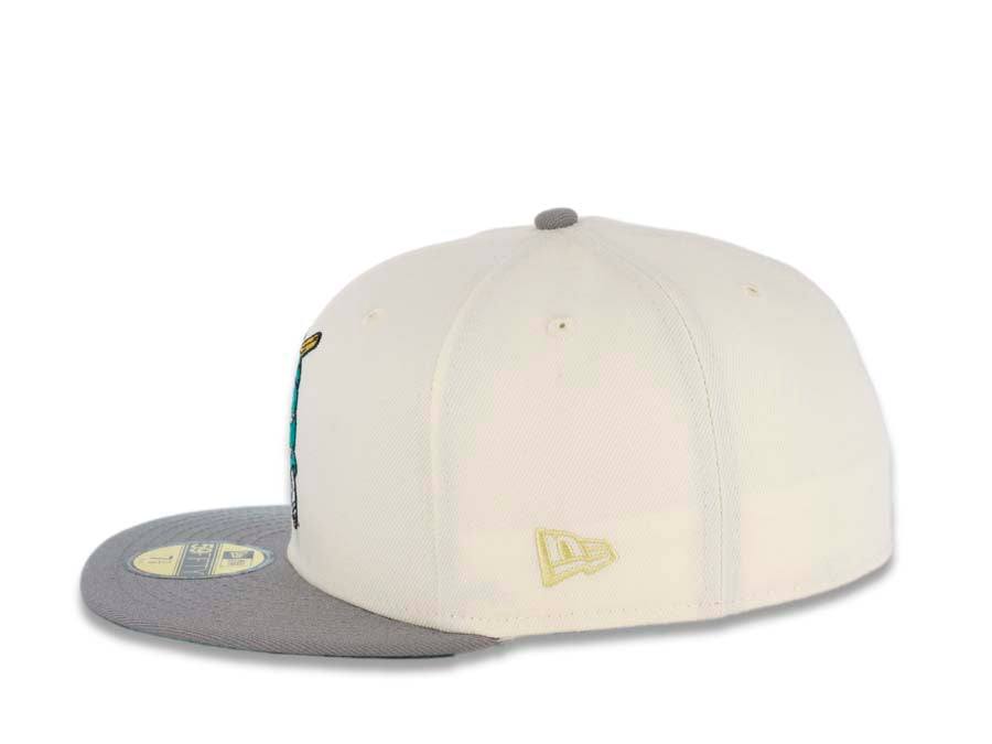 (Glow In The Dark) San Diego Padres New Era MLB 59FIFTY 5950 Fitted Cap Hat Cream Crown Gray Visor Teal Batting Friar Logo Stadium Side Patch