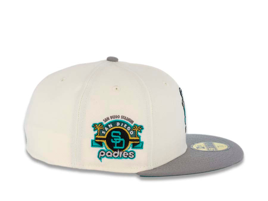 (Glow In The Dark) San Diego Padres New Era MLB 59FIFTY 5950 Fitted Cap Hat Cream Crown Gray Visor Teal Batting Friar Logo Stadium Side Patch