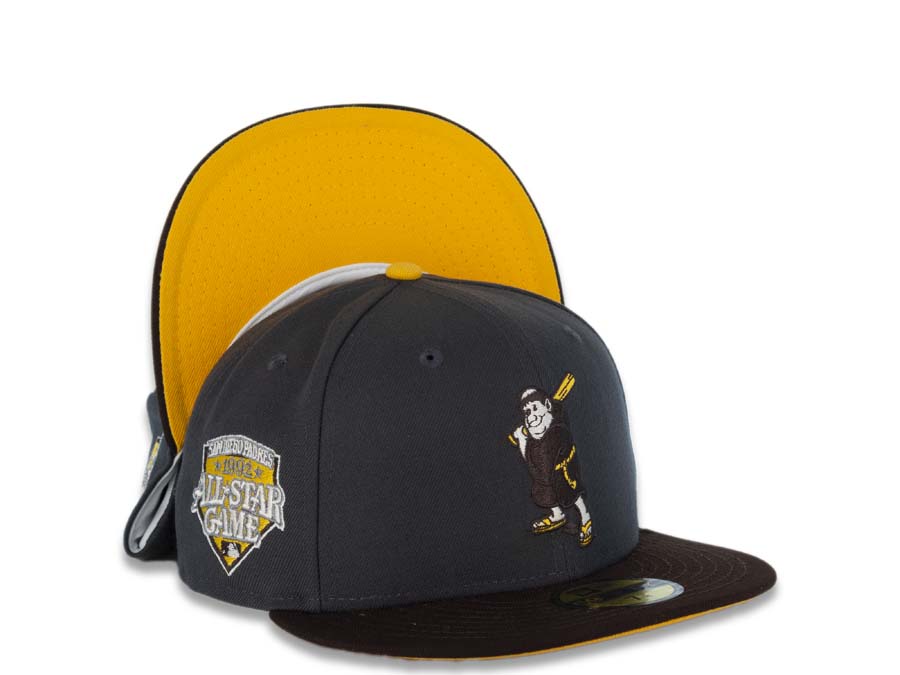 San Diego Padres New Era MLB 59FIFTY 5950 Fitted Cap Hat Gray Crown Dark Brown Visor Brown/Yellow Batting Friar Logo 1992 All-Star Game Side Patch