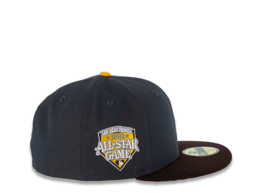 San Diego Padres New Era MLB 59FIFTY 5950 Fitted Cap Hat Gray Crown Dark Brown Visor Brown/Yellow Batting Friar Logo 1992 All-Star Game Side Patch