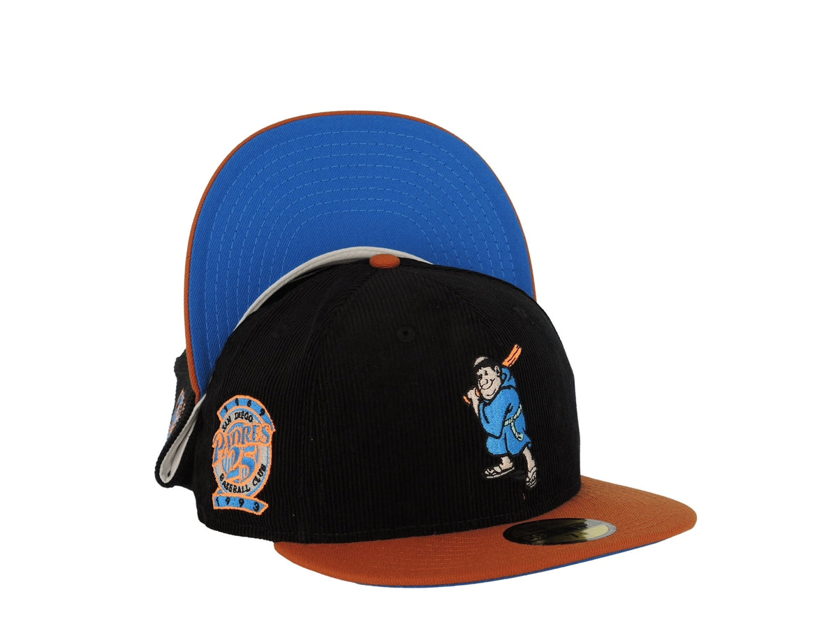 (Corduroy Crown) San Diego Padres New Era MLB 59FIFTY 5950 Fitted Cap Hat Black Crown Orange Visor Batting Friar Logo 25th Anniversary Side Patch Blue