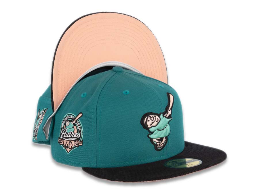 (Corduroy Visor) San Diego Padres New Era MLB 59FIFTY 5950 Fitted Cap Hat Aqua Crown Black Visor Swinging Friar Logo 40th Anniversary Side Patch Peach