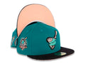(Corduroy Visor) San Diego Padres New Era MLB 59FIFTY 5950 Fitted Cap Hat Aqua Crown Black Visor Swinging Friar Logo 40th Anniversary Side Patch Peach