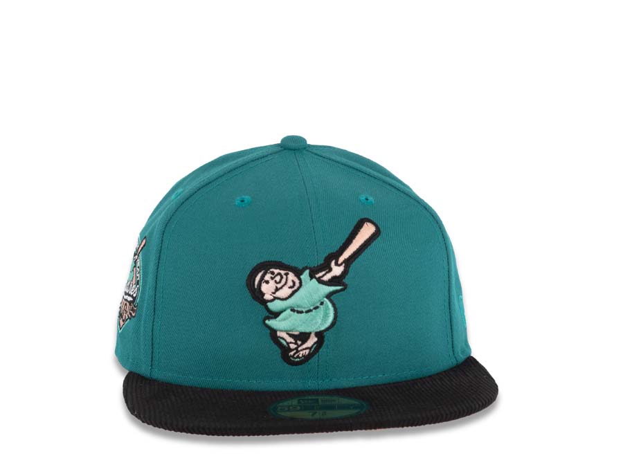 (Corduroy Visor) San Diego Padres New Era MLB 59FIFTY 5950 Fitted Cap Hat Aqua Crown Black Visor Swinging Friar Logo 40th Anniversary Side Patch Peach
