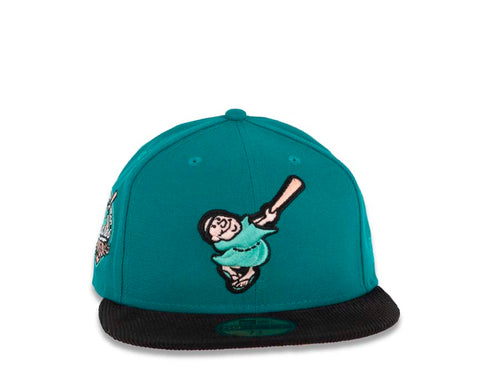 (Corduroy Visor) San Diego Padres New Era MLB 59FIFTY 5950 Fitted Cap Hat Aqua Crown Black Visor Swinging Friar Logo 40th Anniversary Side Patch Peach