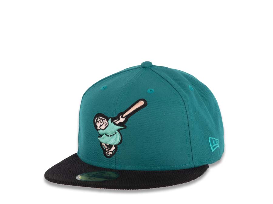 (Corduroy Visor) San Diego Padres New Era MLB 59FIFTY 5950 Fitted Cap Hat Aqua Crown Black Visor Swinging Friar Logo 40th Anniversary Side Patch Peach