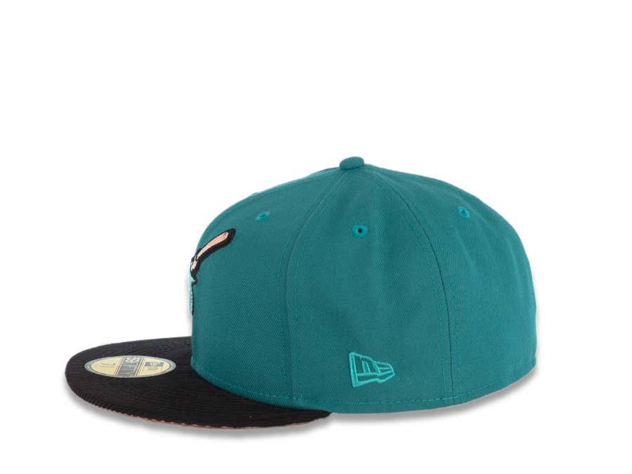 (Corduroy Visor) San Diego Padres New Era MLB 59FIFTY 5950 Fitted Cap Hat Aqua Crown Black Visor Swinging Friar Logo 40th Anniversary Side Patch Peach