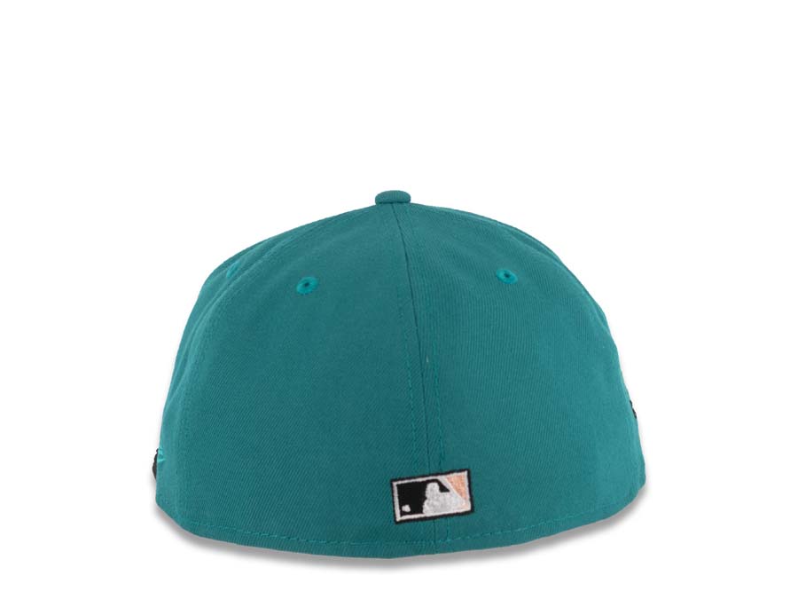 (Corduroy Visor) San Diego Padres New Era MLB 59FIFTY 5950 Fitted Cap Hat Aqua Crown Black Visor Swinging Friar Logo 40th Anniversary Side Patch Peach