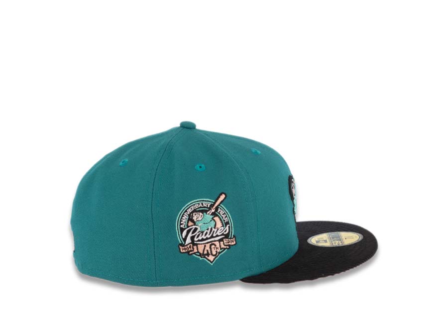 (Corduroy Visor) San Diego Padres New Era MLB 59FIFTY 5950 Fitted Cap Hat Aqua Crown Black Visor Swinging Friar Logo 40th Anniversary Side Patch Peach