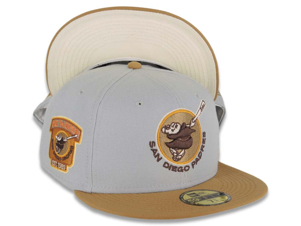 San Diego Padres New Era MLB 59FIFTY 5950 Fitted Cap Hat Gray Crown Wheat Visor Brown Round Swinging Friar Logo 1969 Go Padres Side Patch Cream UV