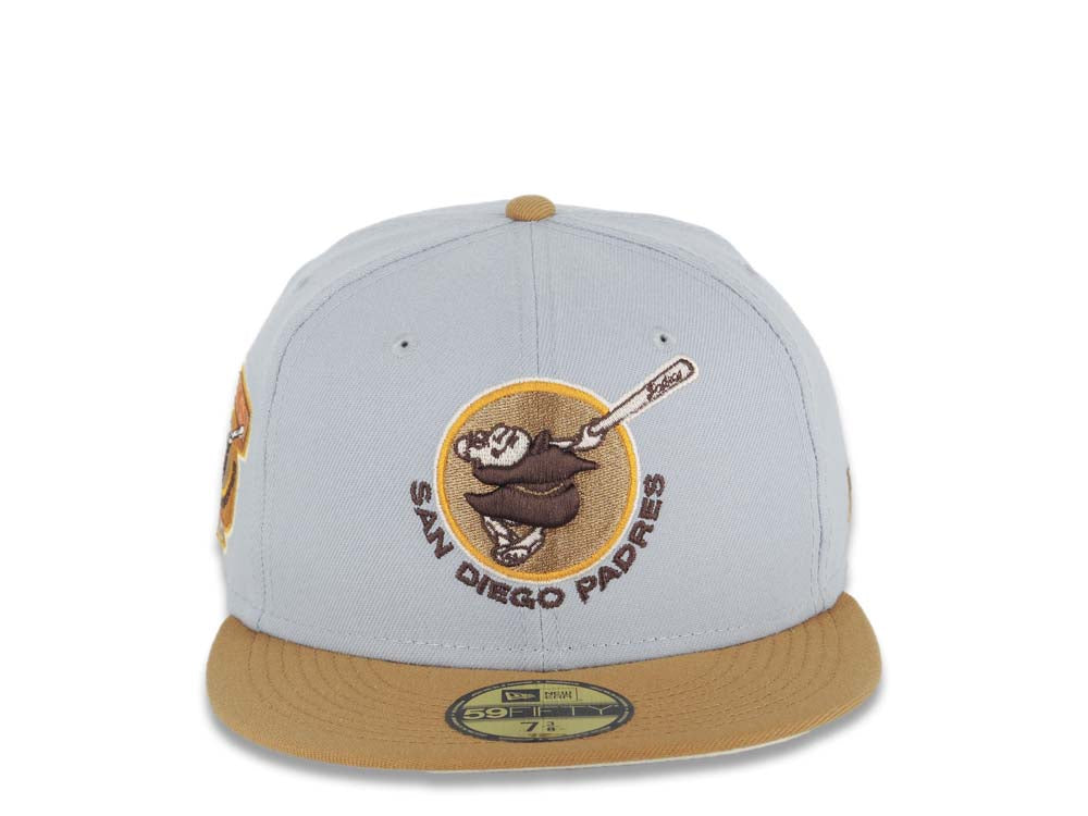 San Diego Padres New Era MLB 59FIFTY 5950 Fitted Cap Hat Gray Crown Wheat Visor Brown Round Swinging Friar Logo 1969 Go Padres Side Patch Cream UV