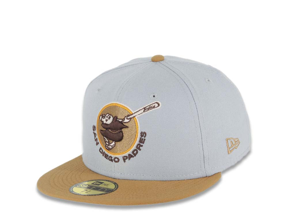 San Diego Padres New Era MLB 59FIFTY 5950 Fitted Cap Hat Gray Crown Wheat Visor Brown Round Swinging Friar Logo 1969 Go Padres Side Patch Cream UV