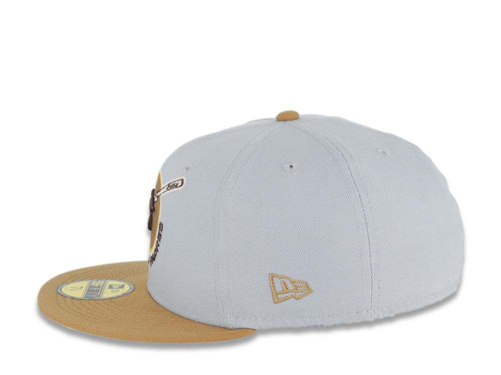 San Diego Padres New Era MLB 59FIFTY 5950 Fitted Cap Hat Gray Crown Wheat Visor Brown Round Swinging Friar Logo 1969 Go Padres Side Patch Cream UV
