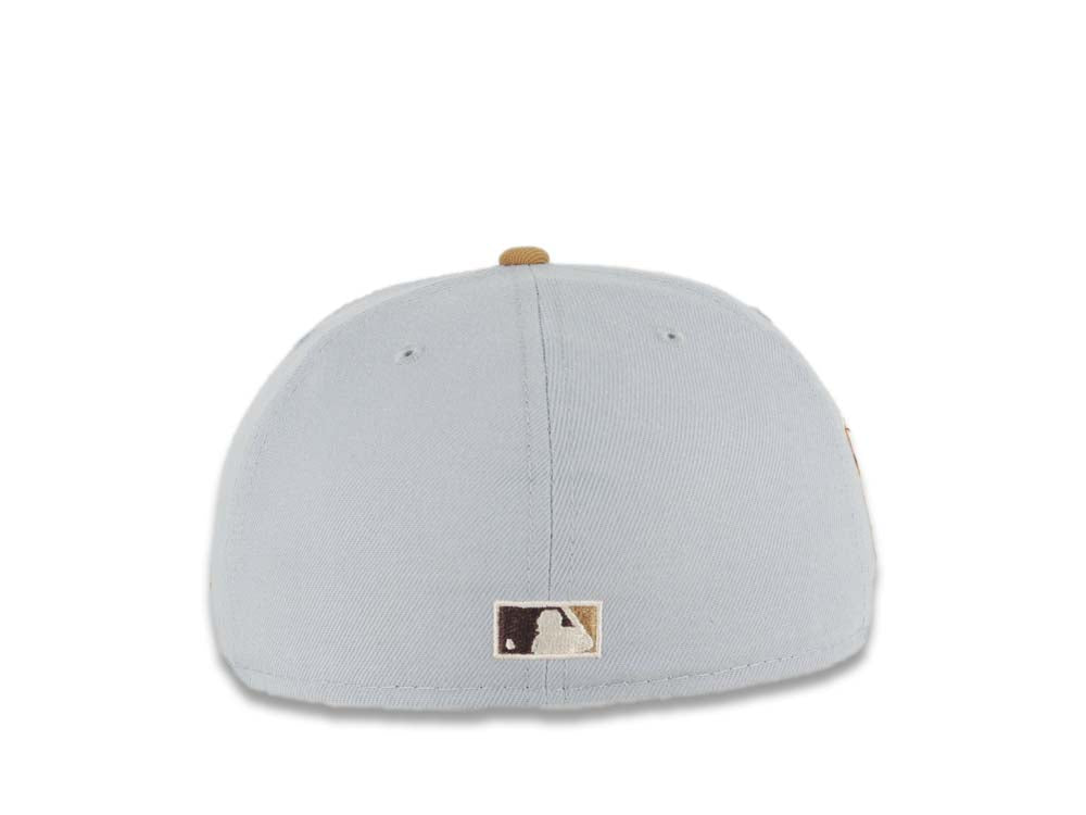 San Diego Padres New Era MLB 59FIFTY 5950 Fitted Cap Hat Gray Crown Wheat Visor Brown Round Swinging Friar Logo 1969 Go Padres Side Patch Cream UV