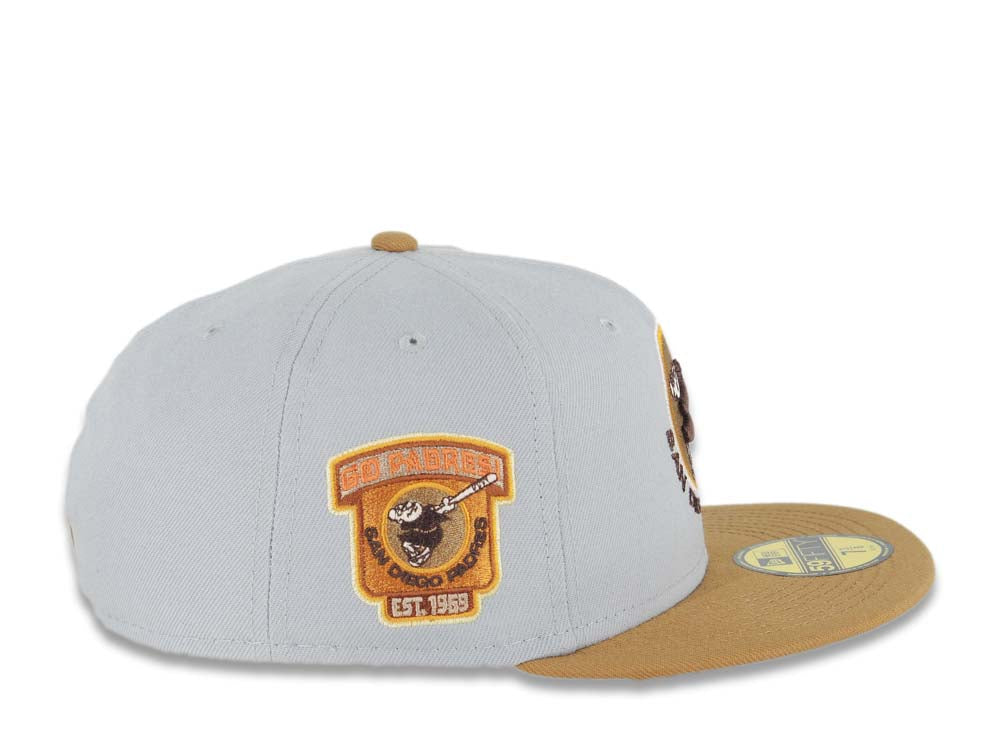 San Diego Padres New Era MLB 59FIFTY 5950 Fitted Cap Hat Gray Crown Wheat Visor Brown Round Swinging Friar Logo 1969 Go Padres Side Patch Cream UV