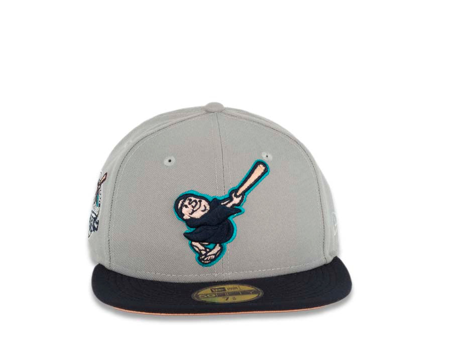 San Diego Padres New Era MLB 59FIFTY 5950 Fitted Cap Hat Gray Crown Dark Navy Visor Dark Navy/Peach Swinghing Friar Logo 40th Anniversary Side Patch
