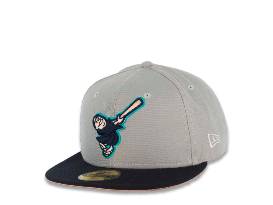 San Diego Padres New Era MLB 59FIFTY 5950 Fitted Cap Hat Gray Crown Dark Navy Visor Dark Navy/Peach Swinghing Friar Logo 40th Anniversary Side Patch
