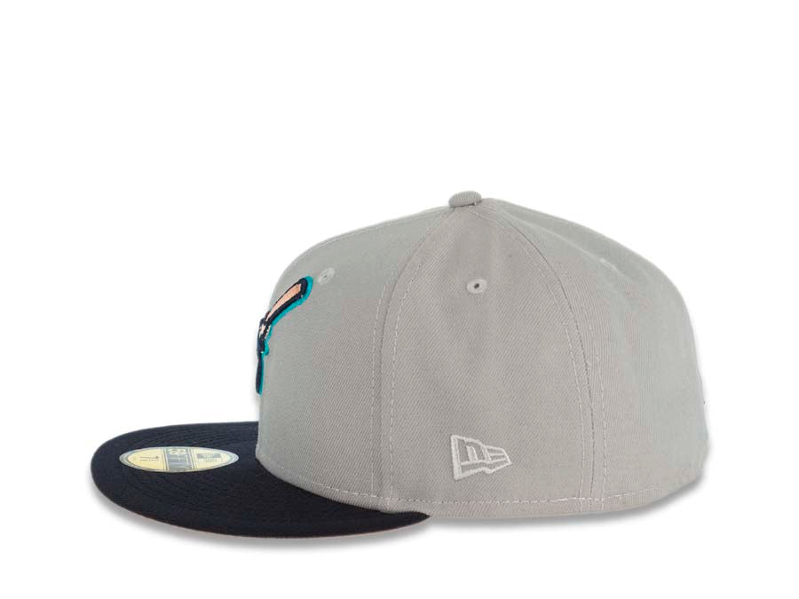 San Diego Padres New Era MLB 59FIFTY 5950 Fitted Cap Hat Gray Crown Dark Navy Visor Dark Navy/Peach Swinghing Friar Logo 40th Anniversary Side Patch