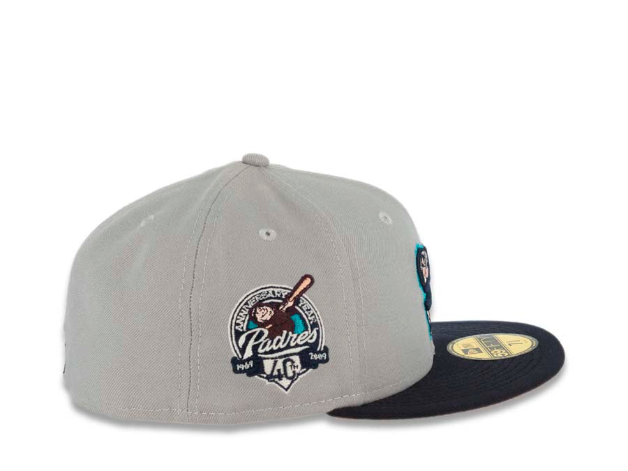 San Diego Padres New Era MLB 59FIFTY 5950 Fitted Cap Hat Gray Crown Dark Navy Visor Dark Navy/Peach Swinghing Friar Logo 40th Anniversary Side Patch