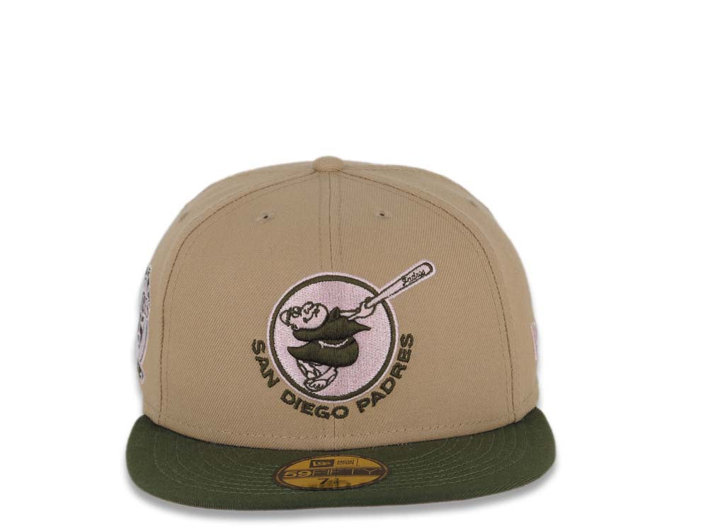 San Diego Padres New Era MLB 59FIFTY 5950 Fitted Cap Hat Khaki Crown Olive Green Visor Green Swinging Friar Logo 25th Anniversary Side Patch Pink UV