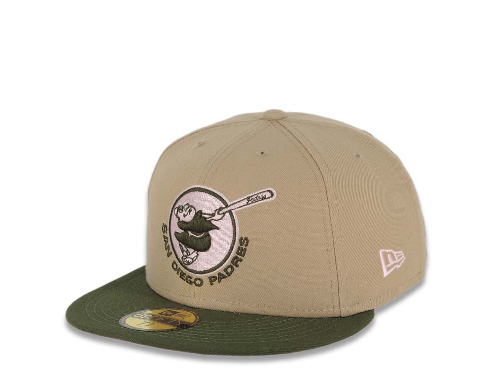 San Diego Padres New Era MLB 59FIFTY 5950 Fitted Cap Hat Khaki Crown Olive Green Visor Green Swinging Friar Logo 25th Anniversary Side Patch Pink UV