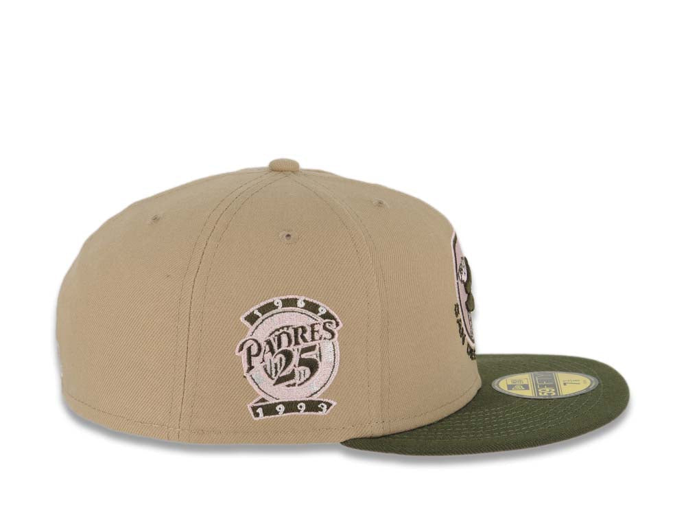 San Diego Padres New Era MLB 59FIFTY 5950 Fitted Cap Hat Khaki Crown Olive Green Visor Green Swinging Friar Logo 25th Anniversary Side Patch Pink UV