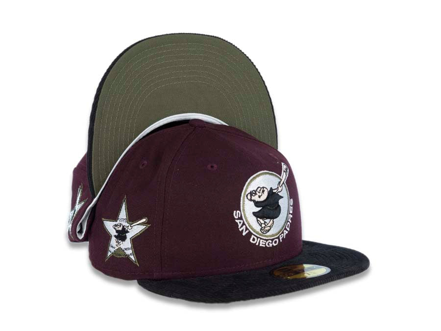 (Corduroy Visor) San Diego Padres New Era MLB 59FIFTY 5950 Fitted Cap Hat Maroon Crown Black Visor Swinging Friar Logo 1978 All-Star Game Side Patch