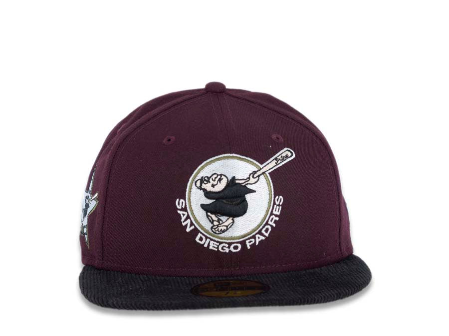 (Corduroy Visor) San Diego Padres New Era MLB 59FIFTY 5950 Fitted Cap Hat Maroon Crown Black Visor Swinging Friar Logo 1978 All-Star Game Side Patch