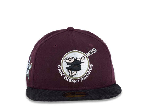(Corduroy Visor) San Diego Padres New Era MLB 59FIFTY 5950 Fitted Cap Hat Maroon Crown Black Visor Swinging Friar Logo 1978 All-Star Game Side Patch