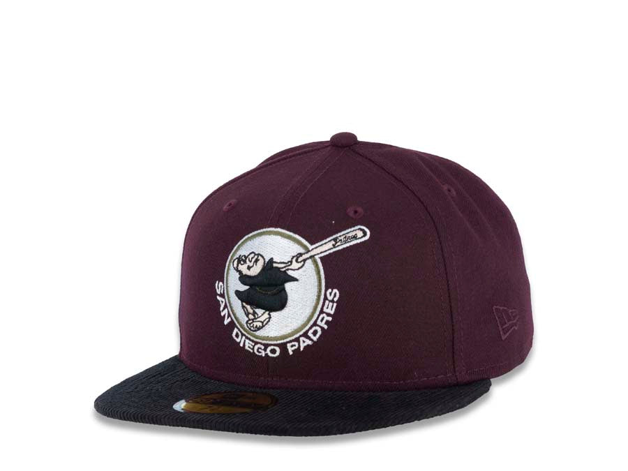 (Corduroy Visor) San Diego Padres New Era MLB 59FIFTY 5950 Fitted Cap Hat Maroon Crown Black Visor Swinging Friar Logo 1978 All-Star Game Side Patch